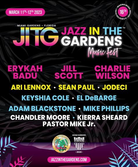 Jazz in the gardens 2024 - Feb 7, 2024 · Miami Gardens, FL– Jazz in the Gardens (JITG) has announced the 2022 lineup for the 15th anniversary of the incredibly popular jazz and R&B music festival including Mary J. Blige, H.E.R, Rick Ross, The Isley Brothers, SWV, The Roots with special guest T-Pain, Stokely, Johnathan McReynolds, Mike Phillips and Mark Allen Felton, with local performers still to be announced. 